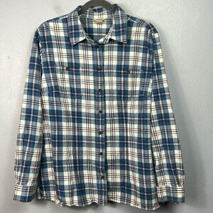 Duluth Trading Co Flannel Blue & White Plaid Button Front Long Sleeve Shirt XL